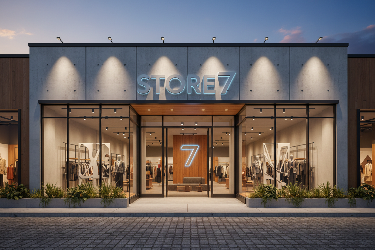 a store front and store name "STORE7" 3d